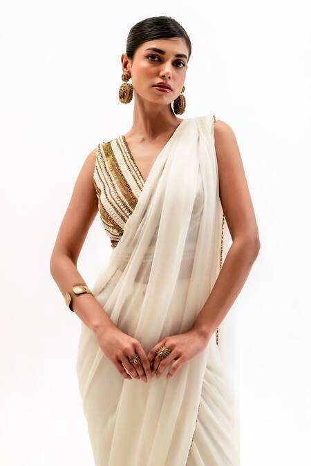 Buy_Garo_Off White Chiffon, Silk, Muslin Embroidery Stripe Blouse With Pre-draped Saree _Online_at_Aza_Fashions