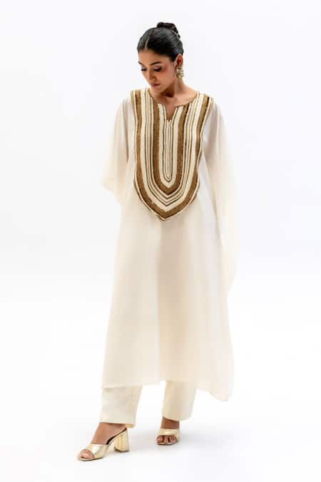 Shop_Garo_Off White Silk Embroidery Round Neck Kaftan With Pant _Online_at_Aza_Fashions