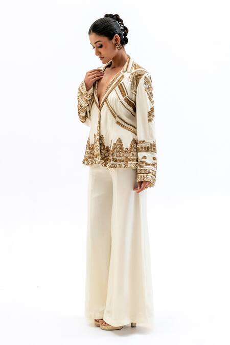 Garo_Off White Silk Embroidery V-neck Tribal Jacket With Pant _Online_at_Aza_Fashions
