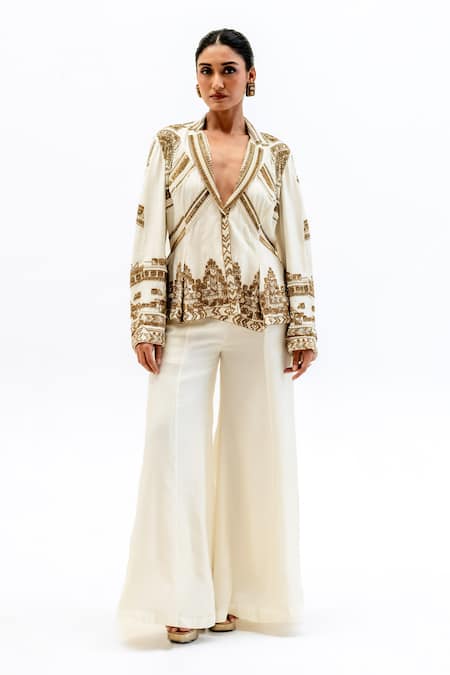 Garo Off White Silk Embroidery V-neck Tribal Jacket With Pant 