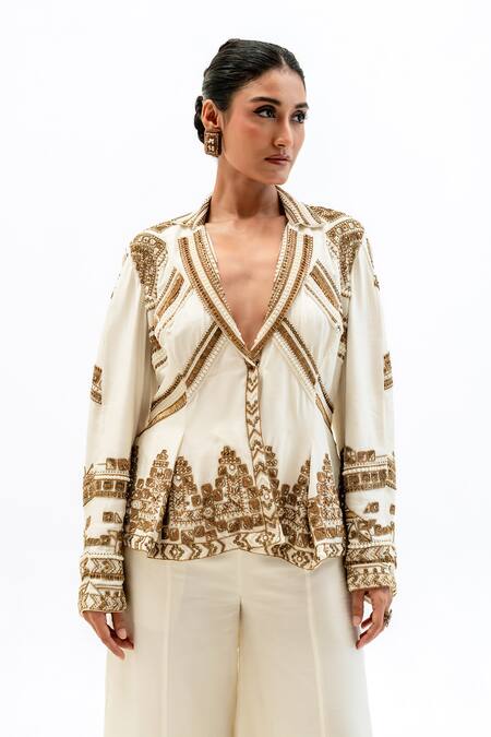 Garo_Off White Silk Embroidery V-neck Tribal Jacket With Pant _at_Aza_Fashions