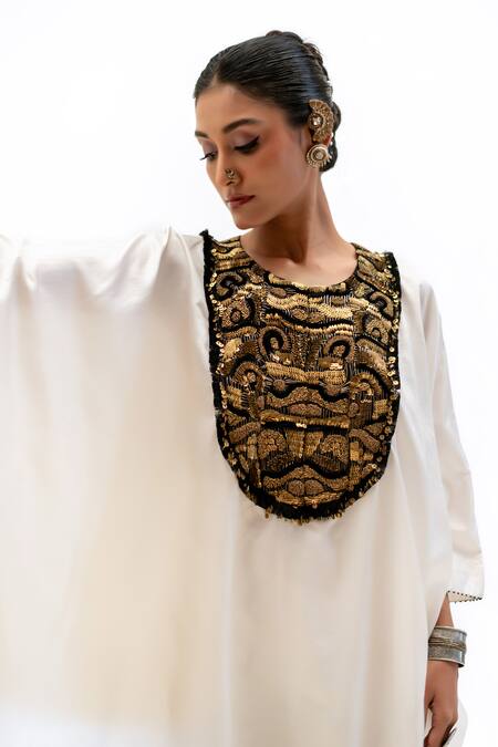 Garo Off White Silk Embroidery Round Neck Tribal Kaftan With Pant Online at Aza Fashions Garo_Off White Silk Embroidery Round Neck Tribal Kaftan With Pant _Online_at_Aza_Fashions