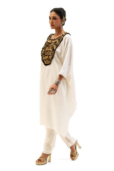 Buy Garo Off White Silk Embroidery Round Neck Tribal Kaftan With Pant Online at Aza Fashions Buy_Garo_Off White Silk Embroidery Round Neck Tribal Kaftan With Pant _Online_at_Aza_Fashions