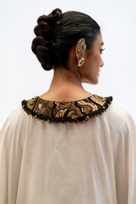 Shop Garo Off White Silk Embroidery Round Neck Tribal Kaftan With Pant Online at Aza Fashions Shop_Garo_Off White Silk Embroidery Round Neck Tribal Kaftan With Pant _Online_at_Aza_Fashions