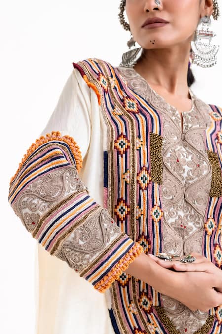 Shop_Garo_Off White Silk Embroidery Round Neck Kaftan Set _Online_at_Aza_Fashions