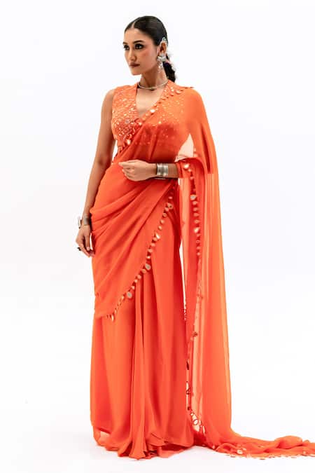 Garo Orange Chiffon, Silk, Muslin Embroidery V-neck Blouse With Saree 