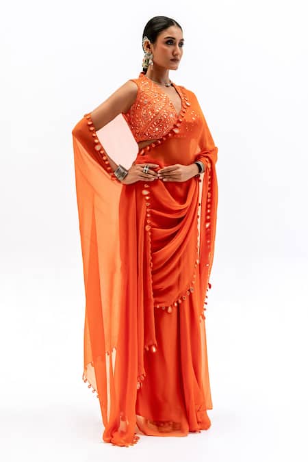 Garo_Orange Chiffon, Silk, Muslin Embroidery V-neck Blouse With Saree _Online_at_Aza_Fashions
