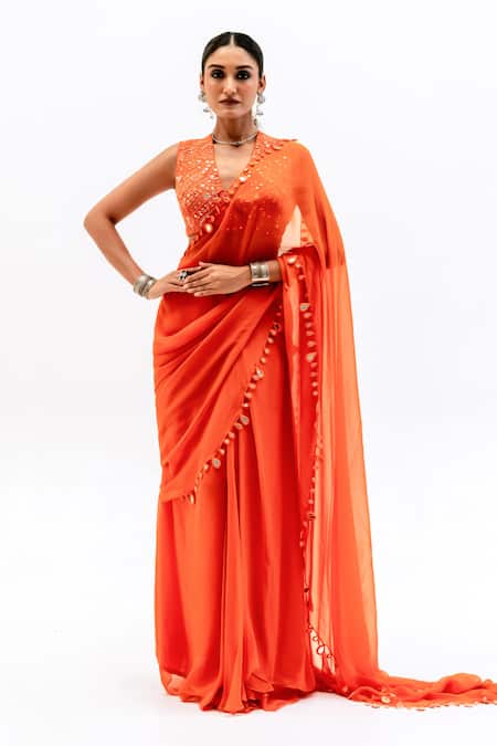 Buy_Garo_Orange Chiffon, Silk, Muslin Embroidery V-neck Blouse With Saree _Online_at_Aza_Fashions