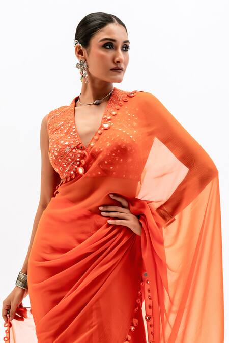 Shop_Garo_Orange Chiffon, Silk, Muslin Embroidery V-neck Blouse With Saree _Online_at_Aza_Fashions