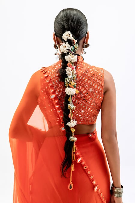 Garo_Orange Chiffon, Silk, Muslin Embroidery V-neck Blouse With Saree _at_Aza_Fashions