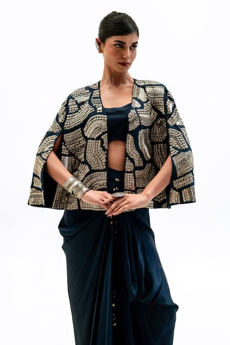 Garo_Blue Silk Embroidery Open , Round Geometric Jacket And Draped Skirt Set _Online_at_Aza_Fashions