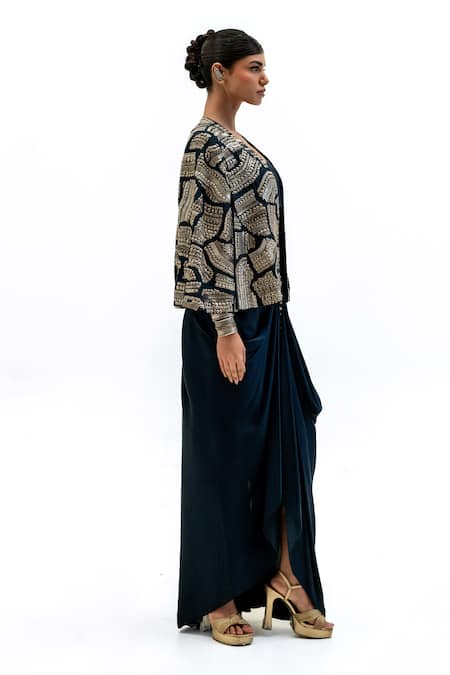 Buy_Garo_Blue Silk Embroidery Open , Round Geometric Jacket And Draped Skirt Set _Online_at_Aza_Fashions