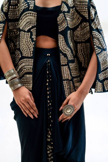 Shop_Garo_Blue Silk Embroidery Open , Round Geometric Jacket And Draped Skirt Set _Online_at_Aza_Fashions
