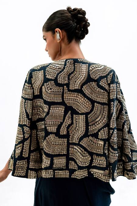 Garo_Blue Silk Embroidery Open , Round Geometric Jacket And Draped Skirt Set _at_Aza_Fashions