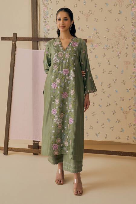 Buy_Bhawna Sethi_Green Chanderi Cotton, Silk, Organza Embroidery, Metallic Gulbaan Kurta Set _Online_at_Aza_Fashions