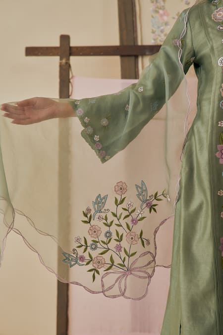 Shop_Bhawna Sethi_Green Chanderi Cotton, Silk, Organza Embroidery, Metallic Gulbaan Kurta Set _Online_at_Aza_Fashions
