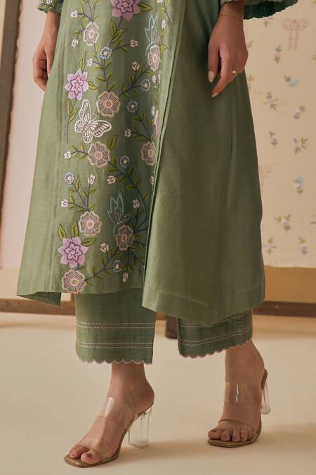 Bhawna Sethi_Green Chanderi Cotton, Silk, Organza Embroidery, Metallic Gulbaan Kurta Set _at_Aza_Fashions