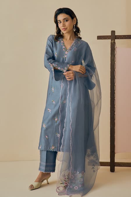 Bhawna Sethi Blue , Cotton, Silk, Organza Embroidery Neer Floral Kurta Set