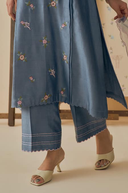 Shop_Bhawna Sethi_Blue , Cotton, Silk, Organza Embroidery Neer Floral Kurta Set _Online_at_Aza_Fashions