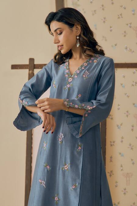 Buy_Bhawna Sethi_Blue , Cotton, Silk, Organza Embroidery Neer Floral Kurta Set 