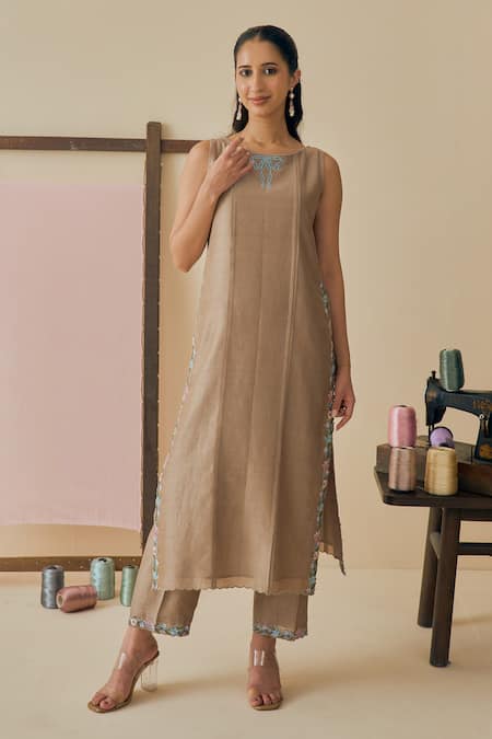 Buy_Bhawna Sethi_Beige Chanderi Cotton, Silk, Chanderi, Cotton, Saaz Ribbon Placement Kurta Set _Online_at_Aza_Fashions