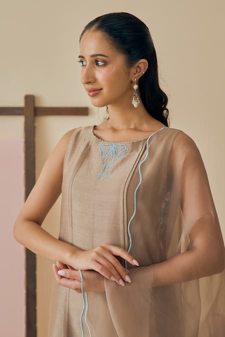 Buy_Bhawna Sethi_Beige Chanderi Cotton, Silk, Chanderi, Cotton, Saaz Ribbon Placement Kurta Set 