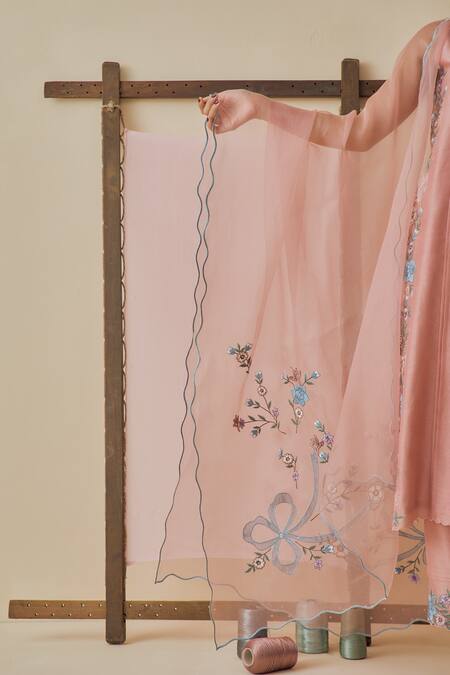 Buy_Bhawna Sethi_Pink Chanderi Silk, Cotton, Chanderi, Silk, Organza Gulnaar Placement Kurta Set _Online_at_Aza_Fashions