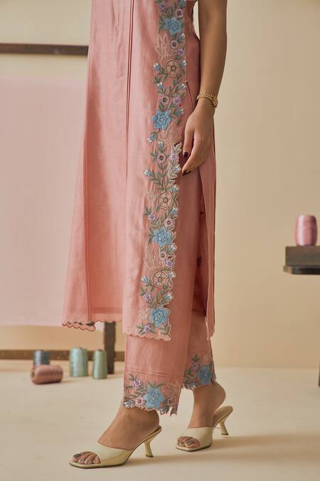 Bhawna Sethi_Pink Chanderi Silk, Cotton, Chanderi, Silk, Organza Gulnaar Placement Kurta Set _at_Aza_Fashions