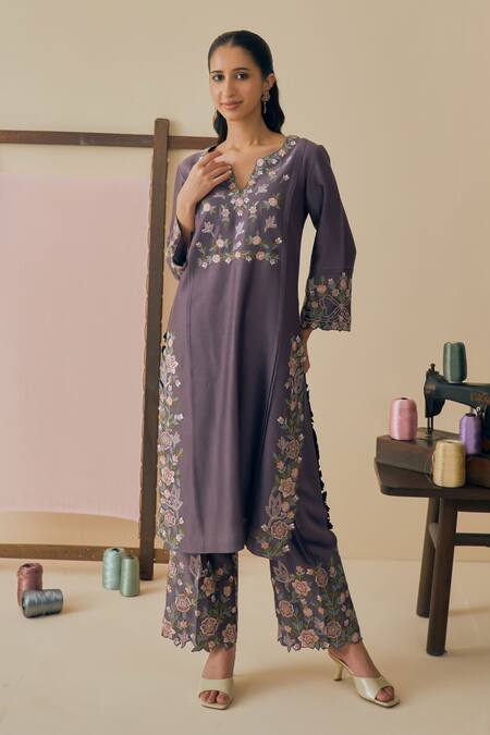 Buy_Bhawna Sethi_Purple , Cotton, Silk, Silk, Kumud Threadwork Kurta Set _Online_at_Aza_Fashions