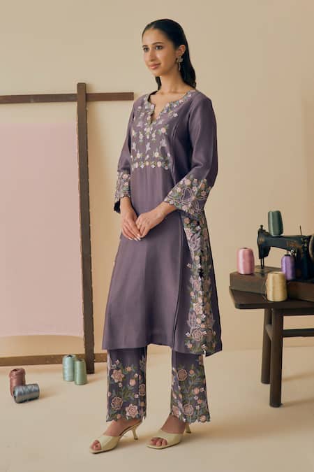 Shop_Bhawna Sethi_Purple , Cotton, Silk, Silk, Kumud Threadwork Kurta Set _Online_at_Aza_Fashions
