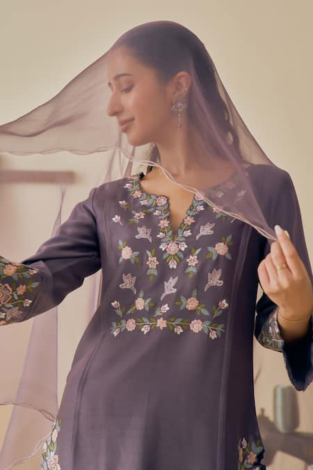 Bhawna Sethi_Purple , Cotton, Silk, Silk, Kumud Threadwork Kurta Set _at_Aza_Fashions