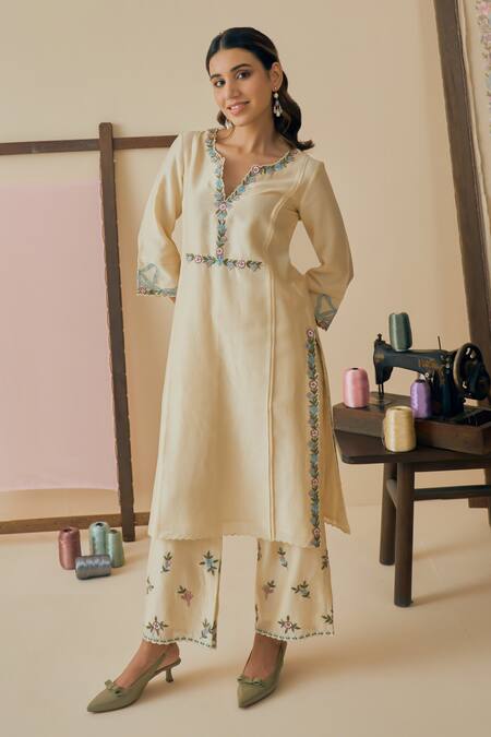 Bhawna Sethi_Yellow Cotton, Silk, Chanderi, Organza Embroidery V-neck Savera Kurta Pant Set _at_Aza_Fashions