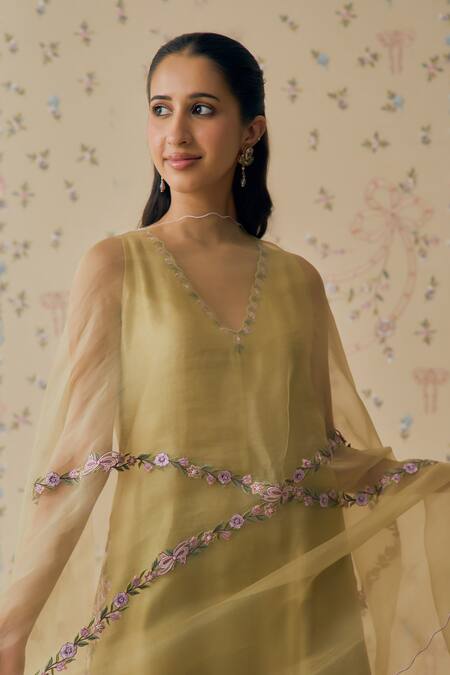 Buy_Bhawna Sethi_Lime , Cotton, Silk, Cotton, Organza Pehar Neckline Kurta Set _Online_at_Aza_Fashions