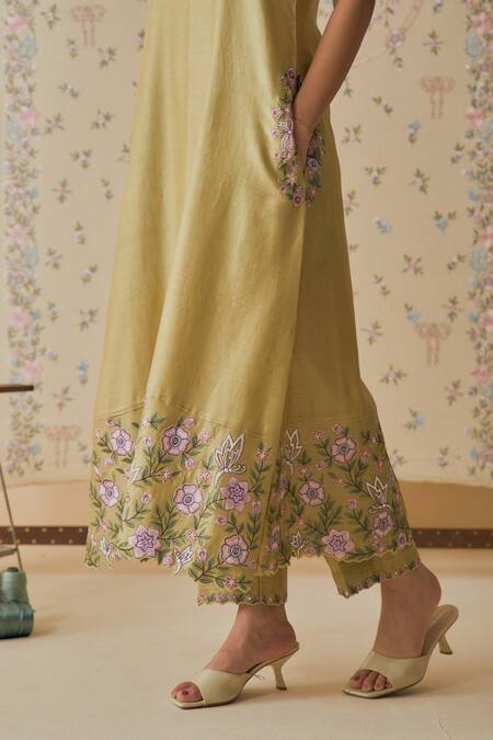 Shop_Bhawna Sethi_Lime , Cotton, Silk, Cotton, Organza Pehar Neckline Kurta Set _Online_at_Aza_Fashions