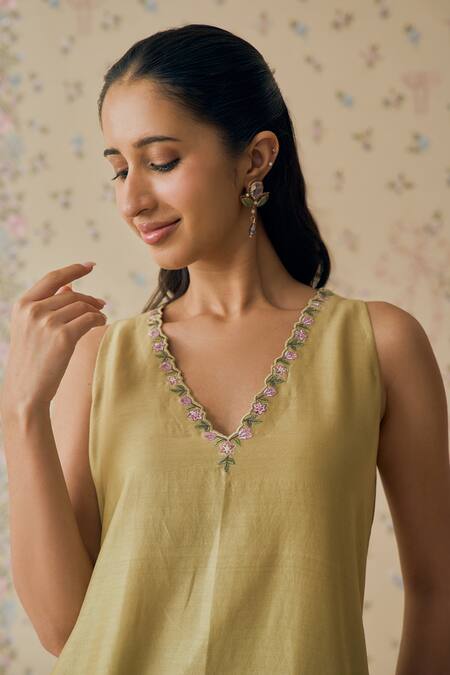 Bhawna Sethi_Lime , Cotton, Silk, Cotton, Organza Pehar Neckline Kurta Set _at_Aza_Fashions