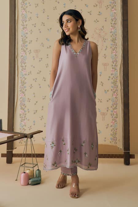 Bhawna Sethi_Purple Chanderi Cotton, Silk, Organza Embroidery Badal Placement Kurta Set _at_Aza_Fashions