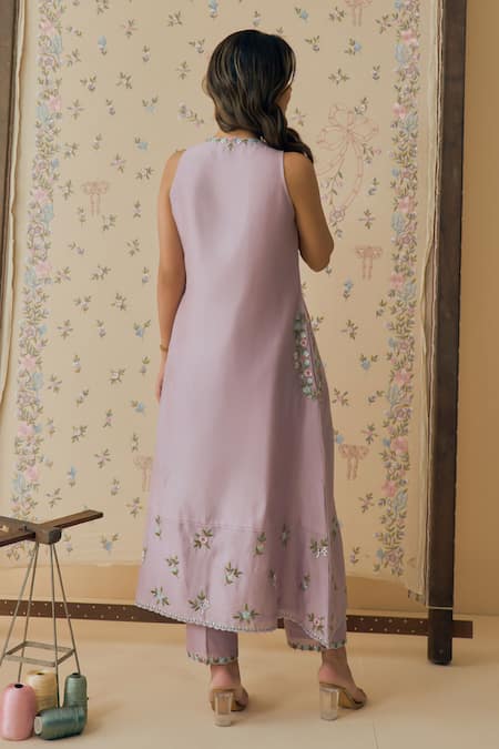 Buy_Bhawna Sethi_Purple Chanderi Cotton, Silk, Organza Embroidery Badal Placement Kurta Set 