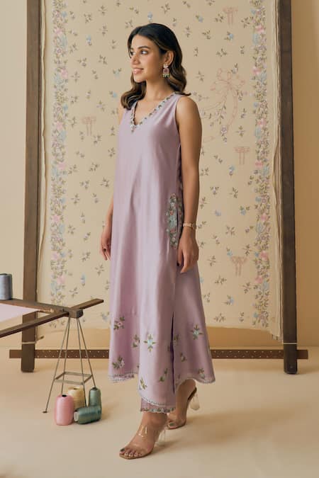 Shop_Bhawna Sethi_Purple Chanderi Cotton, Silk, Organza Embroidery Badal Placement Kurta Set 