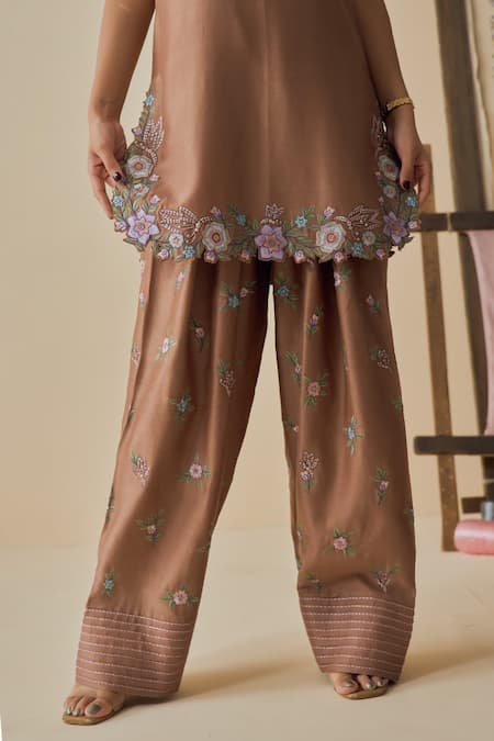 Shop_Bhawna Sethi_Brown Chanderi Silk, Cotton, Organza Embroidery V-neck Kahwa Kurta Set _Online_at_Aza_Fashions