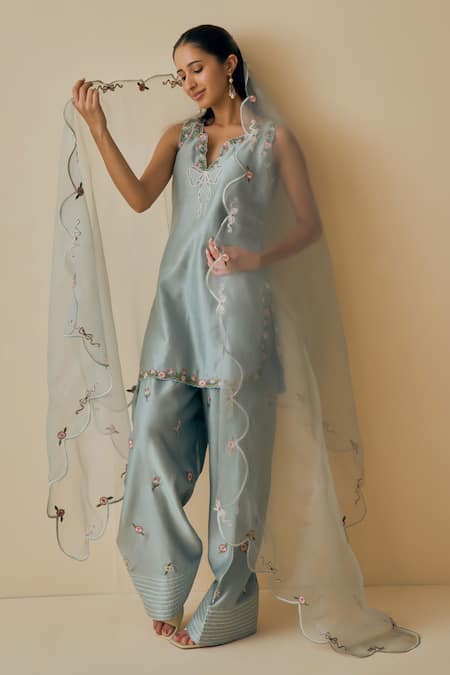 Shop_Bhawna Sethi_Sky Blue Chanderi Cotton, Silk, Organza Embroidery V-neck Aasmani Kurta Set _Online_at_Aza_Fashions