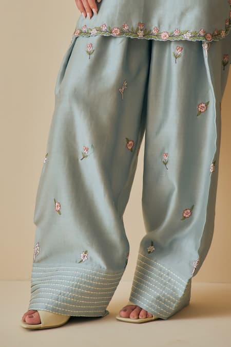 Shop_Bhawna Sethi_Sky Blue Chanderi Cotton, Silk, Organza Embroidery V-neck Aasmani Kurta Set 