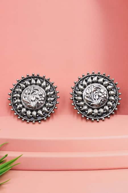 Sangeeta Boochra Oxidised Silver Floral Statement Studs 