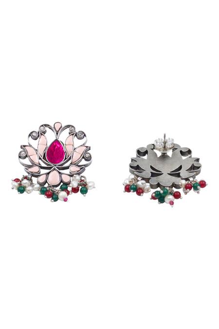 Sangeeta Boochra_Multi Color Gemstones, Pearls, Beads, Crystals, Faux Lotus Bloom Silver Earrings _Online_at_Aza_Fashions