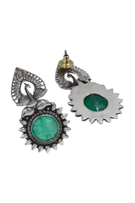 Sangeeta Boochra_Green Stones Peacock Heritage Silver Earrings _Online_at_Aza_Fashions
