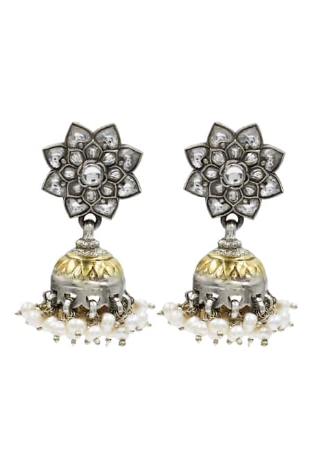 Sangeeta Boochra Handcrafted Silver Floral Jhumkas 