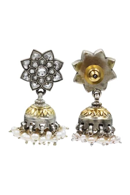 Sangeeta Boochra_Silver Plated Pearls, Stones Handcrafted Floral Jhumkas _Online_at_Aza_Fashions