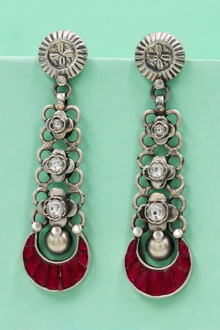 Sangeeta Boochra Silver Plated Stones, Beads, Faux Diamonds Heritage Sterling Earrings 