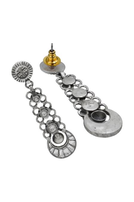 Sangeeta Boochra_White Imitation Gemstones Artisanal Long Silver Earrings _Online_at_Aza_Fashions