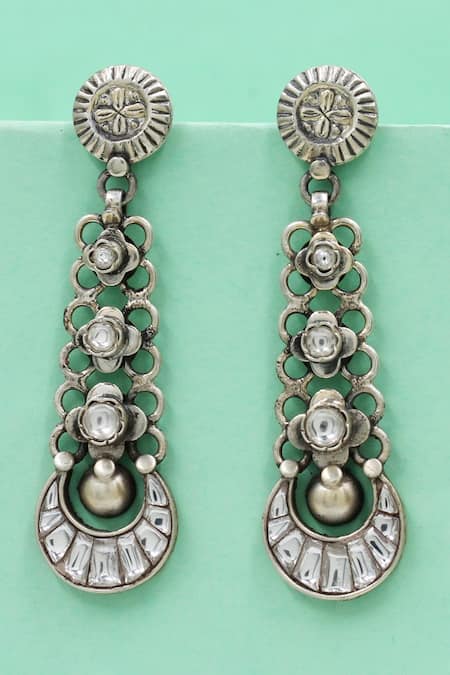 Sangeeta Boochra White Gemstones Artisanal Long Silver Earrings 