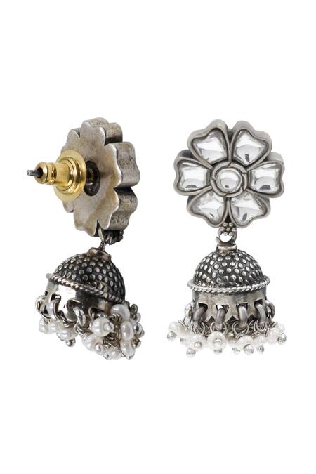 Sangeeta Boochra_White Pearls, Zari Handcrafted Floral Silver Jhumka Earrings _Online_at_Aza_Fashions